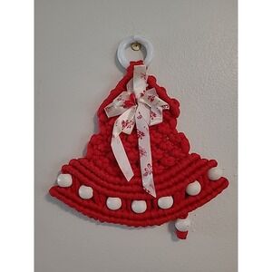 Vintage Macrame Christmas Tree Wall Hanging 11" Red Beaded Woven‎ With Ribbon